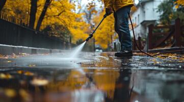 ai generiert Mann Leistung Waschen seine Straße im nass Wetter mit Regen foto