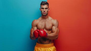 ai generiert minimalistisch lebendig Werbung Hintergrund mit gut aussehend Boxer und Kopieren Raum foto