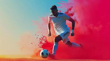 ai generiert minimalistisch lebendig Werbung Hintergrund mit gut aussehend Fußball Spieler und Kopieren Raum foto