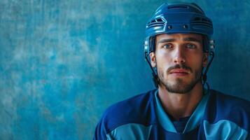 ai generiert minimalistisch lebendig Werbung Hintergrund mit gut aussehend Eishockey Spieler und Kopieren Raum foto