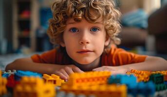 ai generiert jung Junge spielen mit Lego Gebäude Blöcke foto
