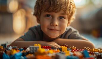 ai generiert jung Junge spielen mit Lego Gebäude Blöcke foto