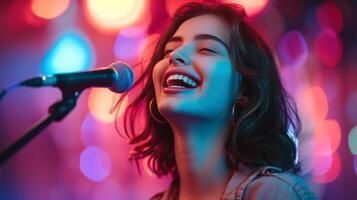 ai generiert glücklich schön Mädchen singt im Karaoke, verschwommen Hintergrund mit Kopieren Raum foto