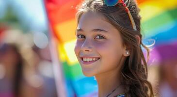 ai generiert Regenbogen Flagge mit jung Mädchen lächelnd, offen Atmosphäre foto