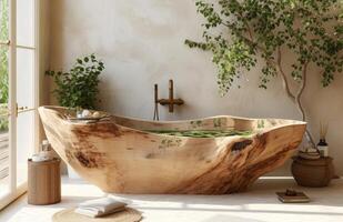 ai generiert ein Badewanne im ein Badezimmer dekoriert mit Zweige und Pflanzen foto