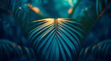 ai generiert ein schließen oben Aussicht von ein Palme Blatt und ein dunkel Blau Hintergrund foto