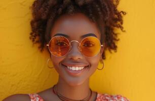 ai generiert lächelnd jung Frau mit Sonnenbrille auf Gelb Hintergrund foto