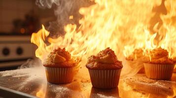 ai generiert ein 12 Jahre alt Mädchen gestartet ein Feuer im das Küche während Backen Cupcakes foto