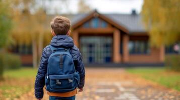 ai generiert ein Junge mit ein Blau Schule Rucksack freudig Spaziergänge zu Schule foto