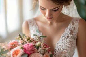 ai generiert ein Braut im ein schön Strauß im ein Spitze Hochzeit Kleid foto