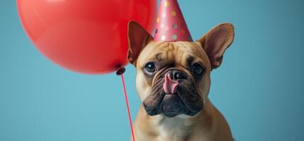 ai generiert ein Hund tragen ein Geburtstag Hut und ein Spielzeug foto