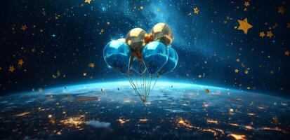 ai generiert Blau und Gold Luftballons hängend über das Erde auf ein dunkel Blau Hintergrund mit golden Sterne foto