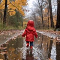 ai generiert ein wenig Mädchen im ein rot Regenjacke läuft durch Pfützen im das Regen foto