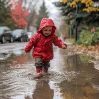 ai generiert ein wenig Mädchen im ein rot Regenjacke läuft durch Pfützen im das Regen foto