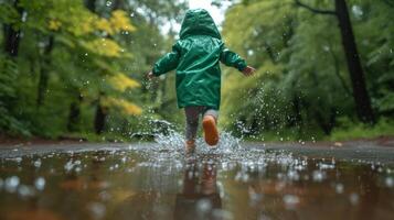 ai generiert ein wenig Mädchen im ein Grün Regenjacke läuft durch Pfützen im das Regen foto