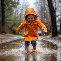ai generiert ein wenig Mädchen im ein Orange Regenjacke läuft durch Pfützen im das Regen foto
