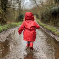 ai generiert ein wenig Mädchen im ein rot Regenjacke läuft durch Pfützen im das Regen foto