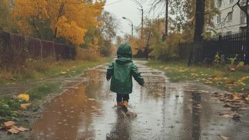 ai generiert ein wenig Mädchen im ein Grün Regenjacke läuft durch Pfützen im das Regen foto