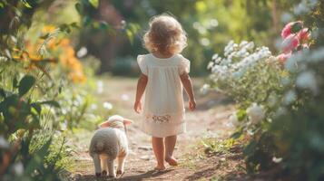 ai generiert ein wenig Mädchen Spaziergänge im das Sommer- Garten mit ein wenig Schaf foto
