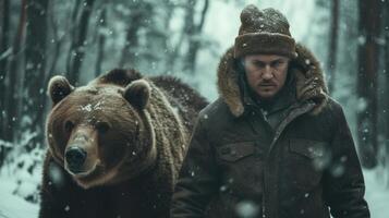 ai generiert ein Stern Russisch Mann im ein ushanka Hut Spaziergänge mit ein Bär im ein sibirisch Winter Wald foto