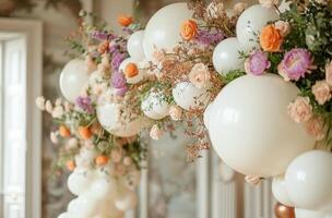 ai generiert ein Hochzeit Braut- Bogen dekoriert mit Weiß Luftballons foto