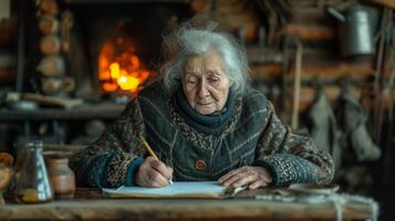 ai generiert ein alt Frau schreibt ein Brief Sitzung beim ein alt Eiche Tabelle gegen das Hintergrund von ein Kamin foto