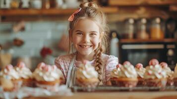 ai generiert schön Mädchen 12 Jahre alt backt Urlaub Cupcakes im das Küche foto