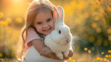 ai generiert glücklich wenig Mädchen umarmen ein groß Weiß Hase auf das Hintergrund von ein Sommer- sonnig Garten foto