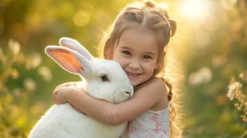 ai generiert glücklich wenig Mädchen umarmen ein groß Weiß Hase auf das Hintergrund von ein Sommer- sonnig Garten foto