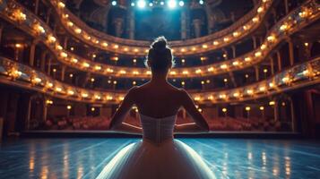 ai generiert einsam Ballerina Ausbildung allein auf das Bühne von ein groß Oper Haus im Vorderseite von ein leeren Halle foto