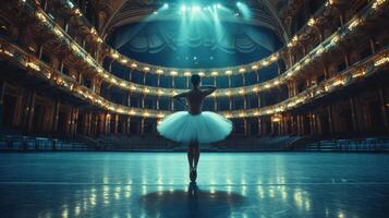 ai generiert einsam Ballerina Ausbildung allein auf das Bühne von ein groß Oper Haus im Vorderseite von ein leeren Halle foto