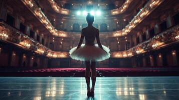 ai generiert einsam Ballerina Ausbildung allein auf das Bühne von ein groß Oper Haus im Vorderseite von ein leeren Halle foto