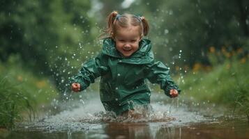 ai generiert Porträt von ein wenig Mädchen im ein Grün Regenjacke läuft durch Pfützen im das Regen foto