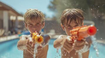 ai generiert zwei Jungs 10 Jahre alt abspielen mit Wasser Pistolen gegen das Hintergrund von ein Sommer- Schwimmbad foto