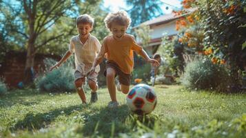 ai generiert zwei Spanisch Jungs 10 Jahre alt abspielen Fußball im das Sommer- Garten foto