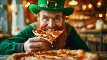 ai generiert ein heiter Unternehmen von jung Menschen feiern st. Patrick's Tag im ein irisch Kneipe foto