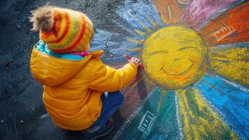 ai generiert ein Kind zeichnet das Sonne mit Buntstifte auf das Asphalt. Frühling sonnig Tag foto