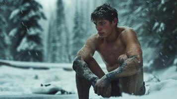ai generiert ein gefroren Mann sitzt im nur kurze Hose im das Mitte von ein Winter Wald foto