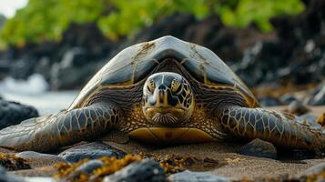 ai generiert ein groß Land Schildkröte Lügen auf das Ozean Ufer foto