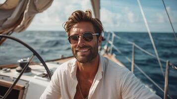 ai generiert ein jung gut aussehend Mann Segel auf ein Luxus Yacht im das Ozean foto