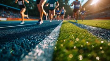 ai generiert Sportler Läufer Lauf oben zu das Fertig Linie beim das Stadion foto