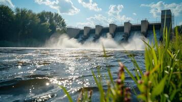 ai generiert schön Hintergrund mit ein Wasser hydro Bahnhof auf das Fluss. sonnig Sommer- Tag foto
