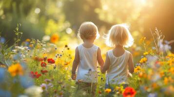 ai generiert Kinder abspielen im das Sommer- sonnig Garten foto