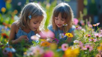 ai generiert Kinder abspielen im das Sommer- sonnig Garten foto