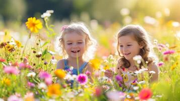 ai generiert Kinder abspielen im das Sommer- sonnig Garten foto
