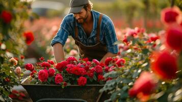 ai generiert jung gut aussehend Mann Gärtner Rollen Rosen im Töpfe im ein Schubkarre foto