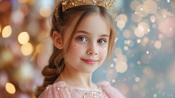 ai generiert ein schön 10 Jahre alt Mädchen im ein Rosa Kleid und ein Gold Krone auf ihr Kopf sieht aus beim das Kamera, lächelnd foto