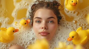 ai generiert ein schön Frau Lügen im ein Badewanne voll von Schaum. drei Gummi Gelb Enten schwimmen mit ihr foto