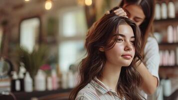 ai generiert ein jung schön Mädchen Friseur tut das Haar von ein schön Brünette im ein Schönheit Salon foto