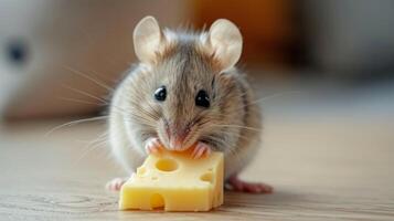 ai generiert wenig süß Maus isst Käse und sieht aus beim das Kamera foto